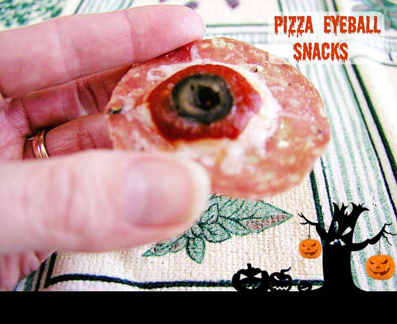 Paleo pizza eyeball snacks are  crisp pepperoni  pizza snack that looks like an eyeball.with