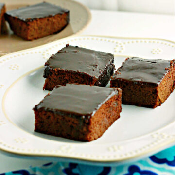Low carb sheet cake brownies with a chocolate ganche frosting.