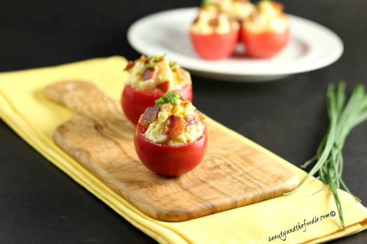 Bacon Egg Salad Tomato Bites , Grain free, paleo, and low carb #eggsaladbites #paleolowcarb
