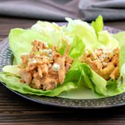 buffalo chicken salad in lettuce cups with blue cheese.
