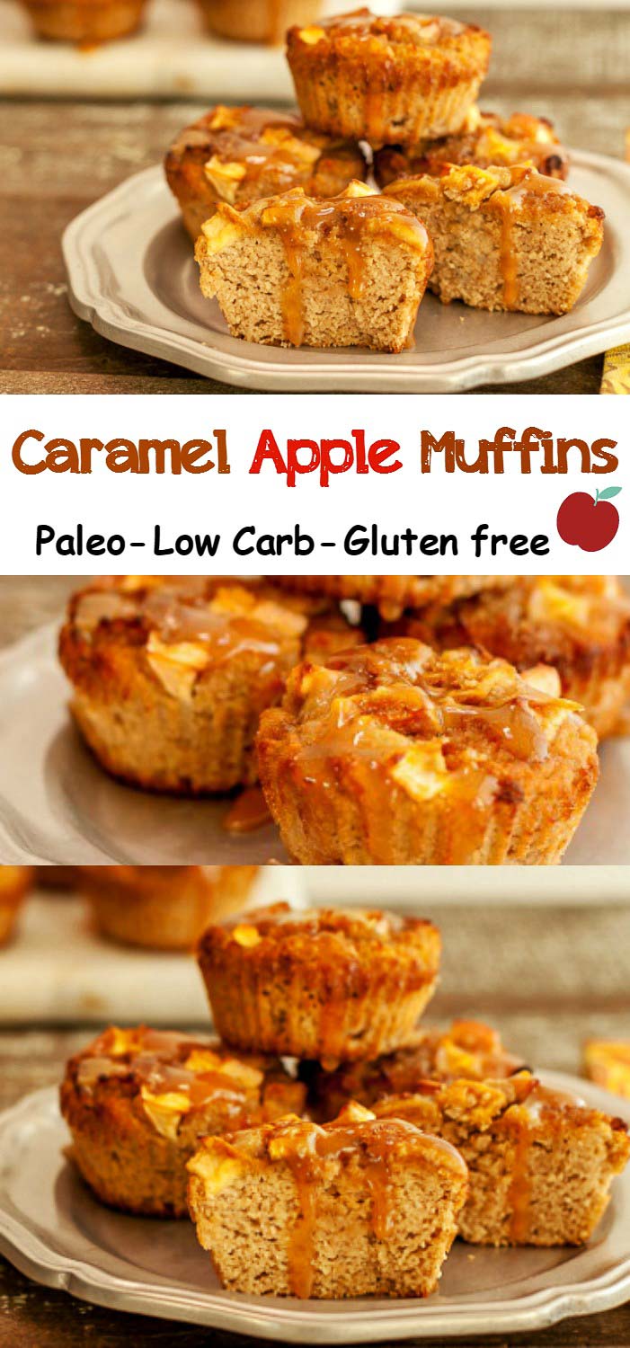 Caramel Apple Muffins- low carb, Keto and Paleo version. Delicious apple muffins with gooey caramel sauce.