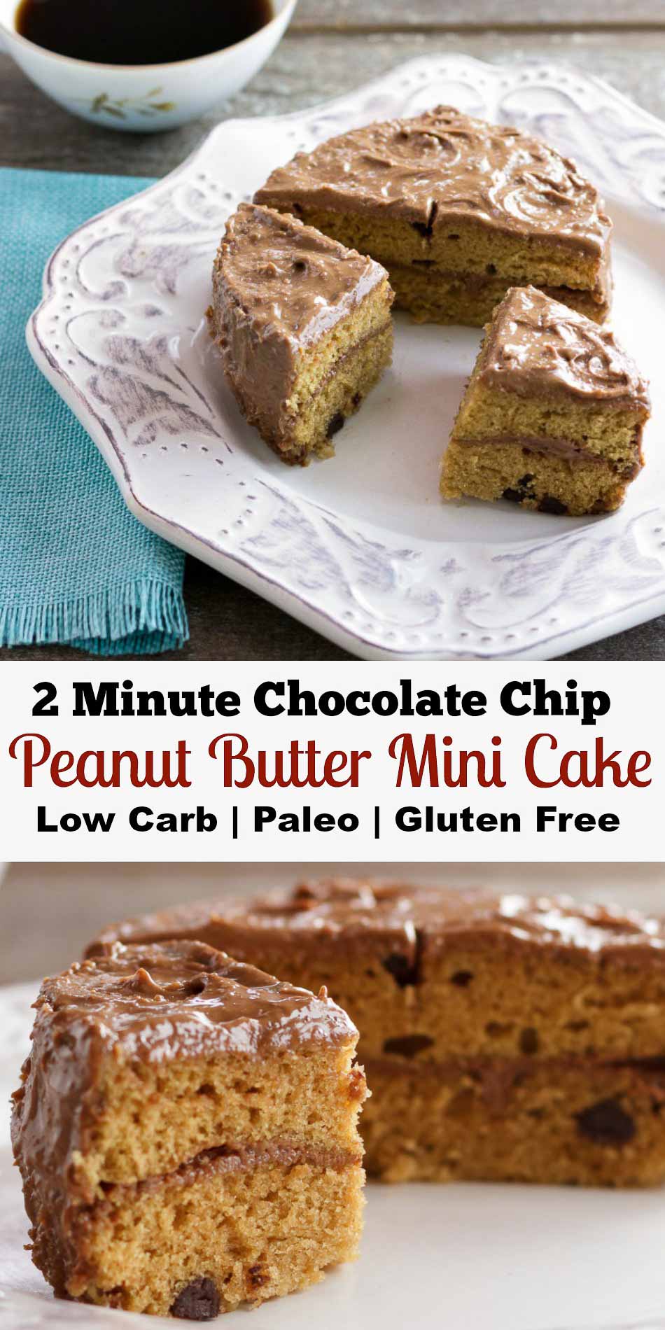 2 Minute Chocolate Chip Peanut Butter Mini Cake - Low carb, gluten free & paleo version