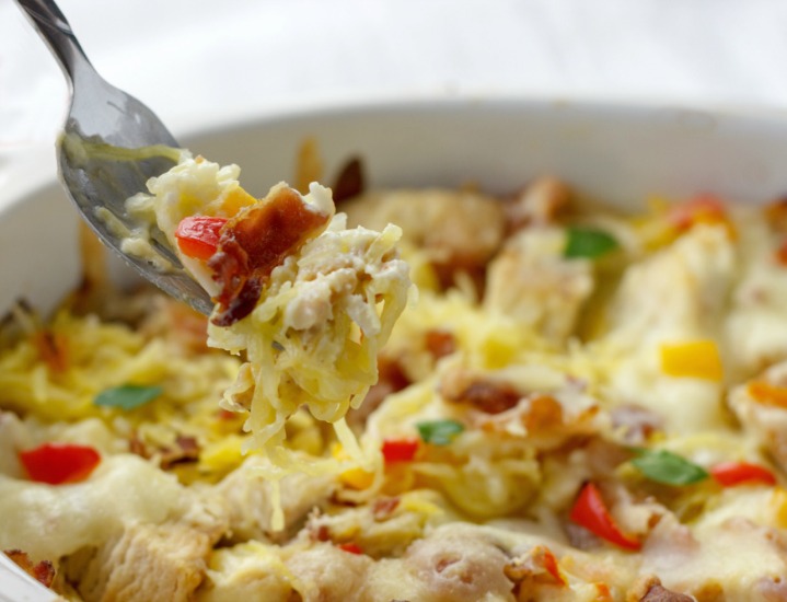 Bacon Chicken Alfredo Squash Noodle Bake - Beauty and the Foodie