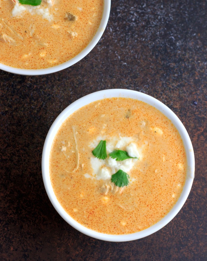 Low Carb Instant Pot Chicken Salsa Queso Soup- low carb, keto and gluten free. Also includes slow cooker directions.
