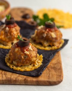 Keto Meatball Cheese Crisps- low carb and gluten free appetizer.