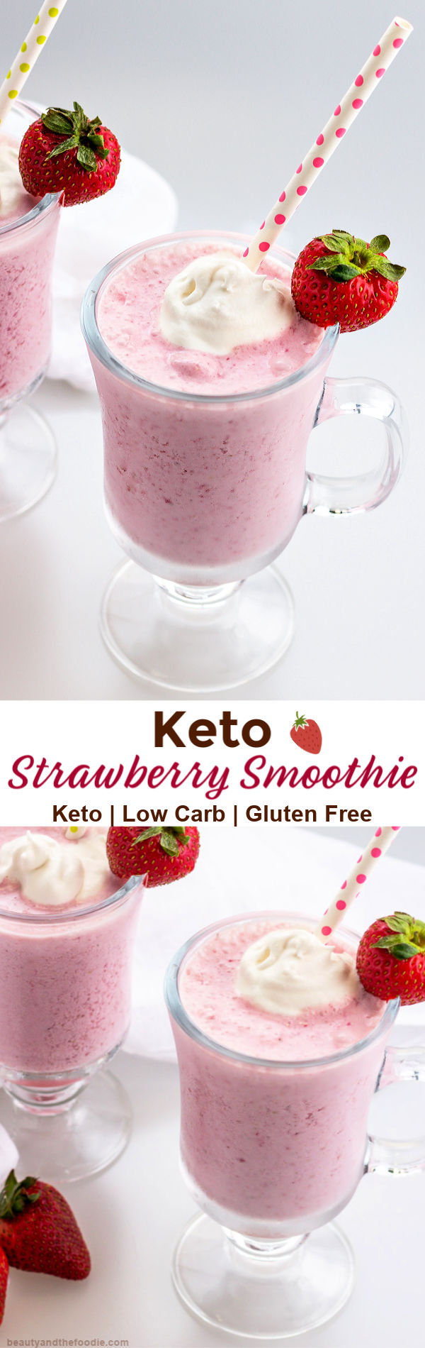 two strawberry smoothies with straws