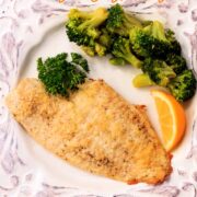 One low carb breaded parmesan cruste flounder fish fillet with broccoli.