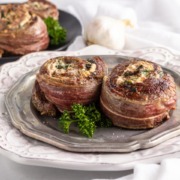 Low carb flank steak stuffed with cheese & spinach.