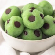 A bowl of keto mint chocolate chip cheesecake bites.