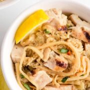 A bowl of ketto lemon butter chicken pasta