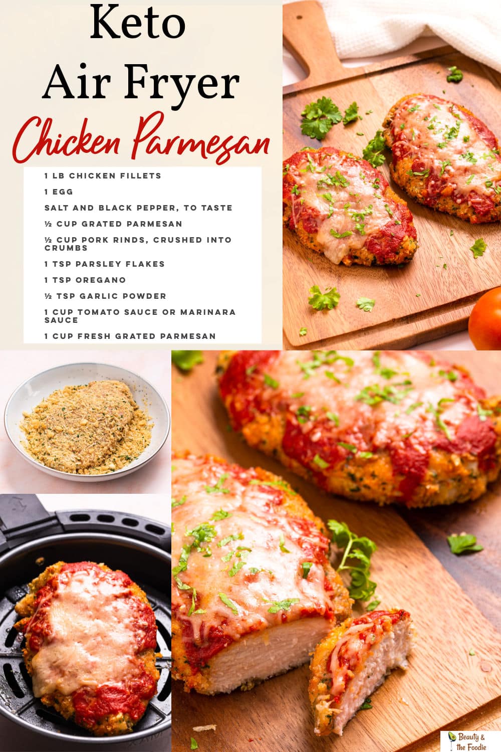 A photo collage of chicken parmesan with listed ingredients.