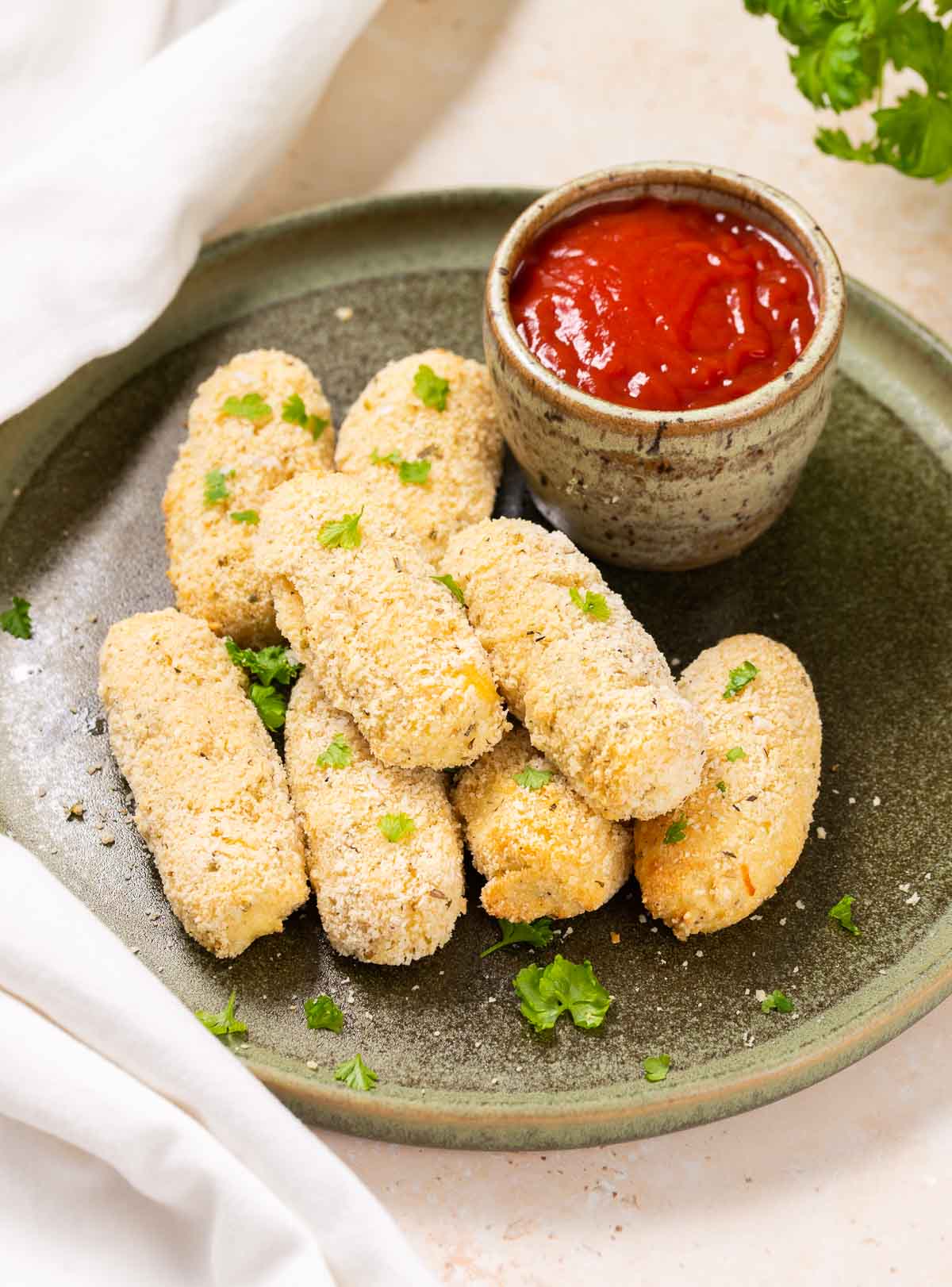 Low Carb Air Fried and breaded cheese sticks.